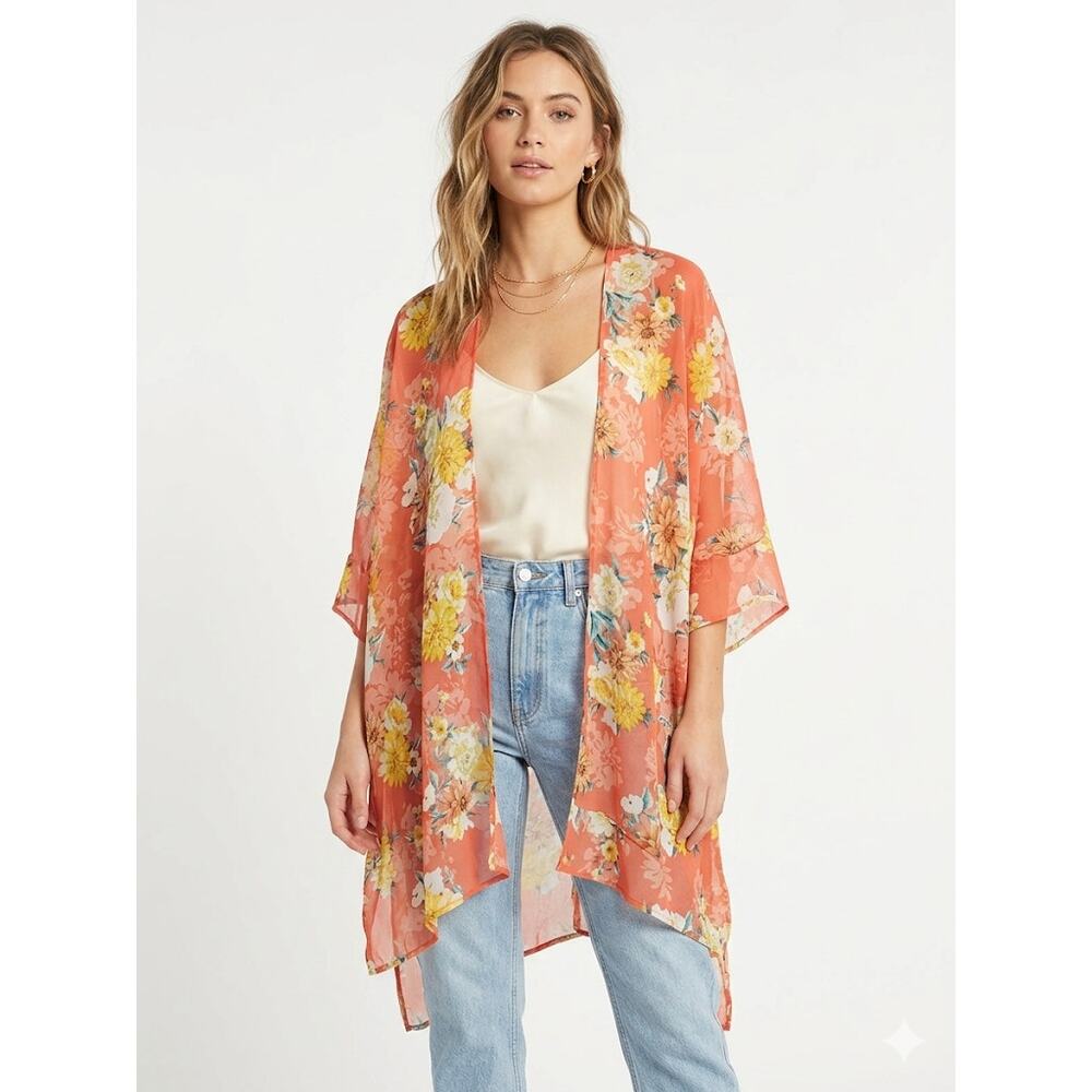 Floral Open Front Kimono Lightweight Layering Piece ONE SIZE